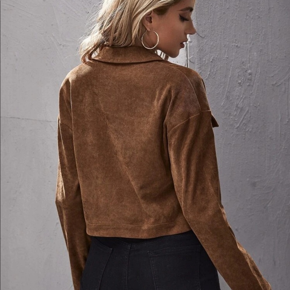 Corduroy jacket crop brown coat button up - Picture 2 of 3